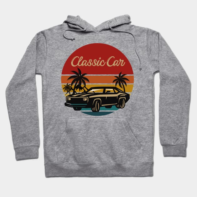 classic car retro  vintage aesthetic sunset circle with palms and mountains, gift for dad, retro designs for car lovers Hoodie by Maroon55